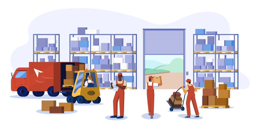 Flat warehouse logistics interior with workers, forklift, lift truck and boxes